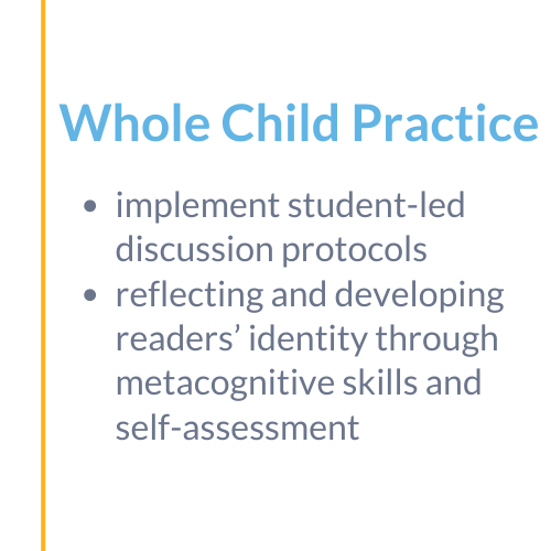 Image with text that says "whole child practice. Implement student-led discussion protocols, reflecting and developing readers' identity through metacognitive skills and self-assessment"