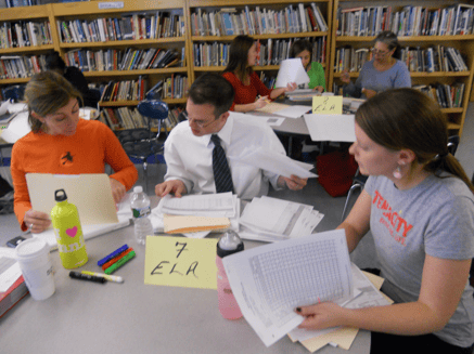 A table of 7th grade ELA teachers collaborating together at a table